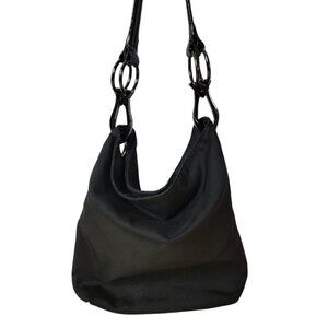 JPK PARIS 75 Women's Black Leather Chunky Hardware Nylon Hobo Shoulder Bag